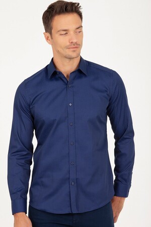 Lacivert Slim Fit Desenli 100% Pamuk Uzun Kol Spor Gömlek - 12