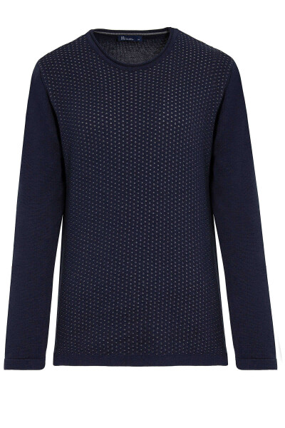 Lacivert Regular Fit Desenli Bisiklet Yaka Pamuklu Triko Kazak - 3