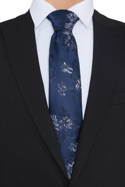 Lacivert Desenli Klasik Micro Kravat - 4