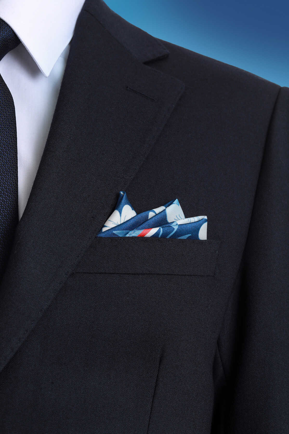 Lacivert Desenli Klasik Saten Cep Mendili - 1