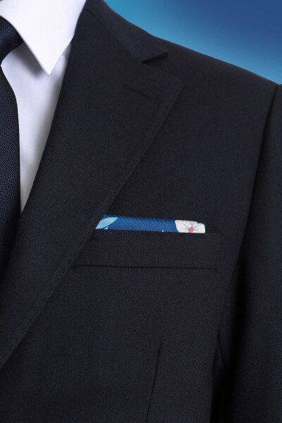 Lacivert Desenli Klasik Saten Cep Mendili - 3