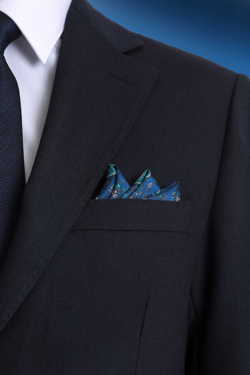 Lacivert Desenli Klasik Saten Cep Mendili - Hatem Saykı