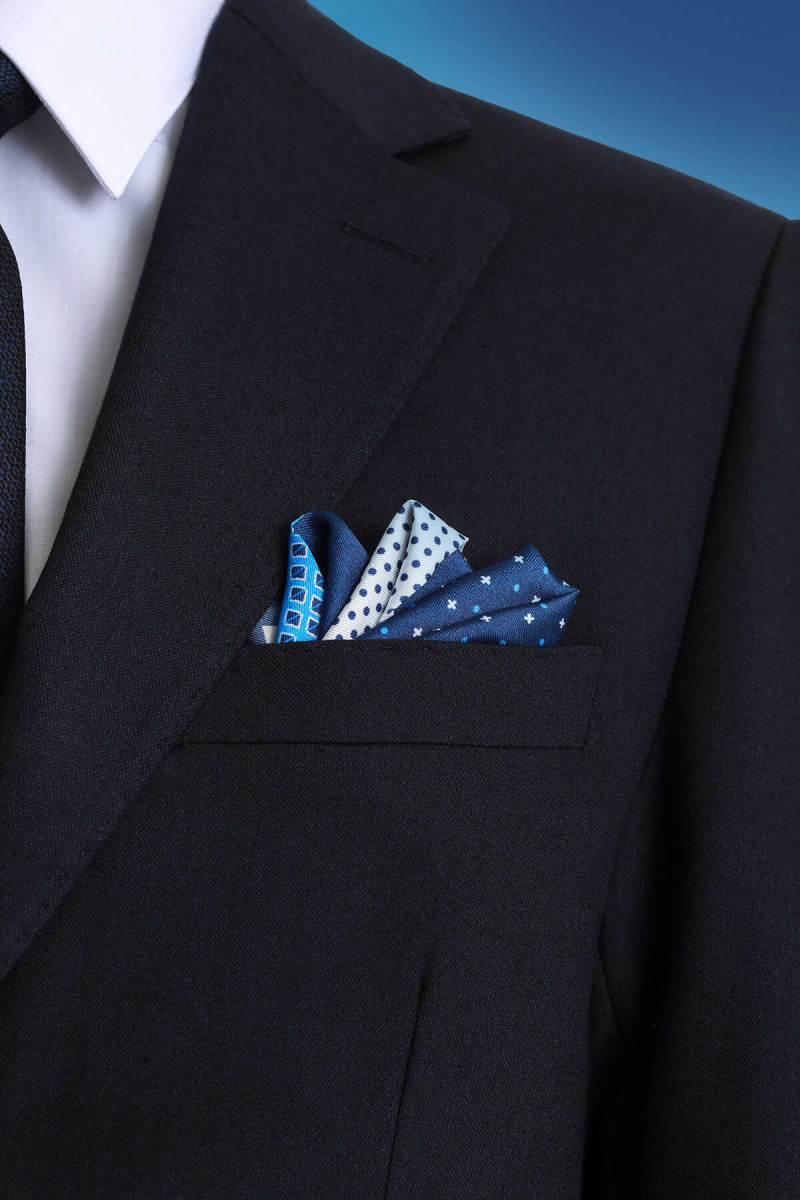 Lacivert Desenli Klasik Saten Cep Mendili - Hatem Saykı