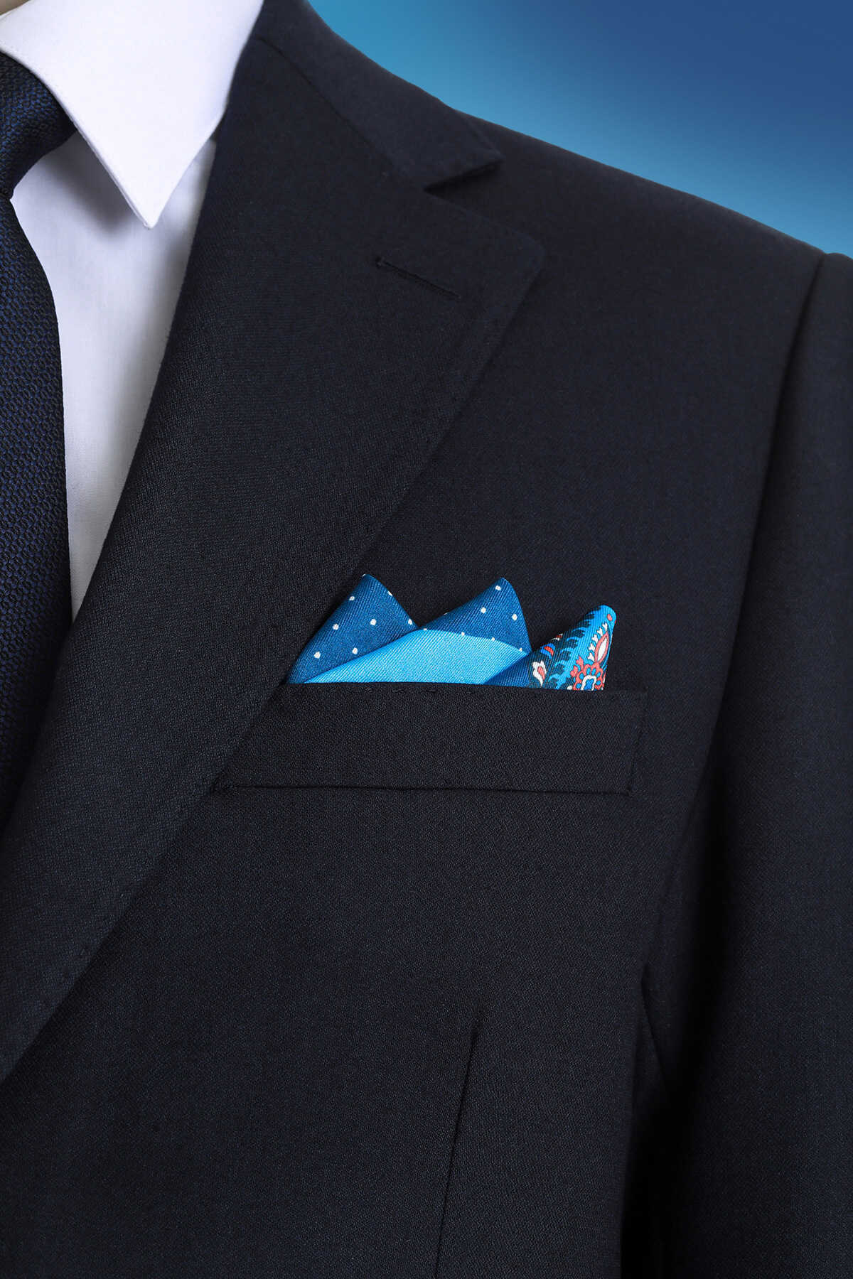 Lacivert Desenli Klasik Saten Cep Mendili - 1