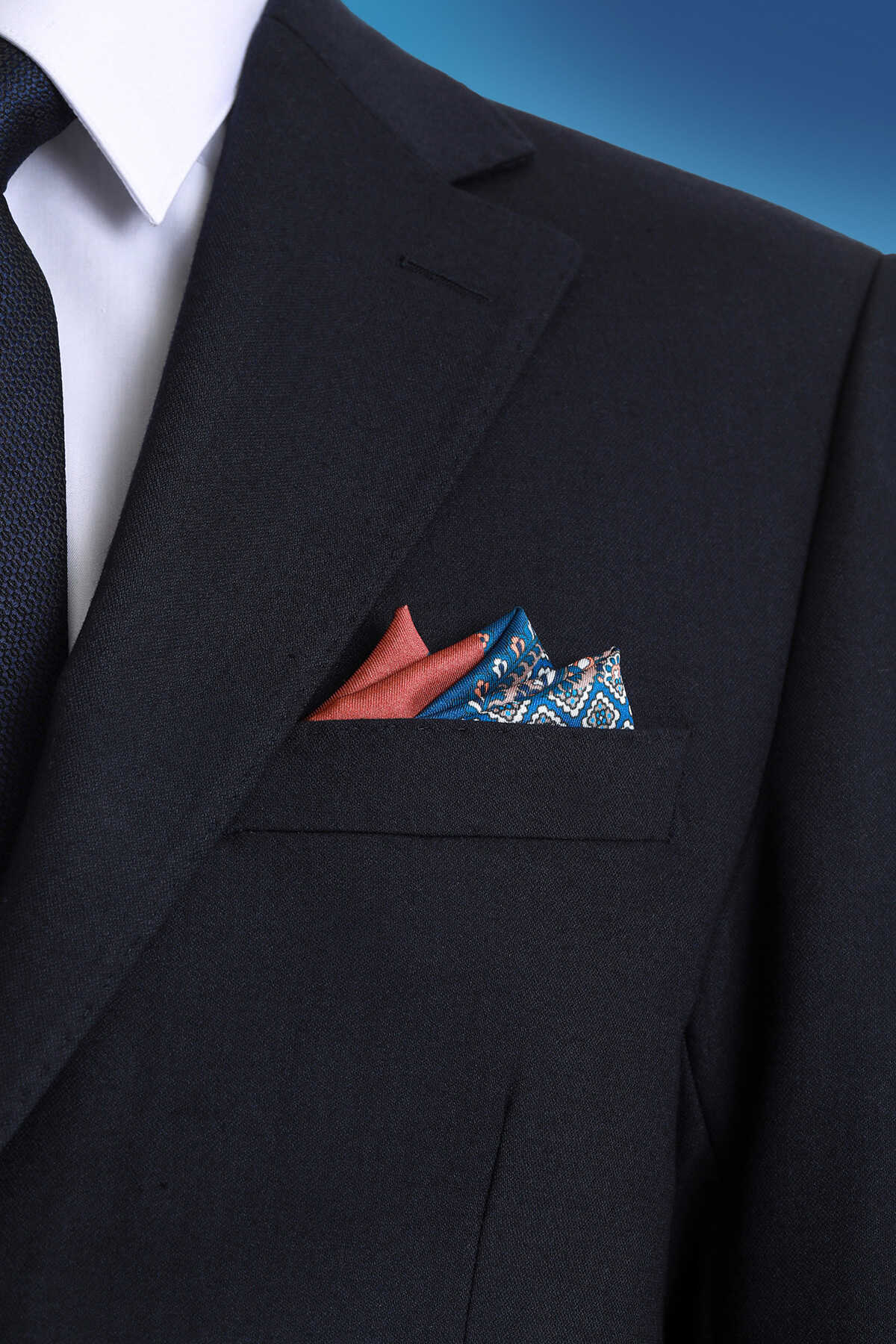 Lacivert Desenli Klasik Saten Cep Mendili - 1