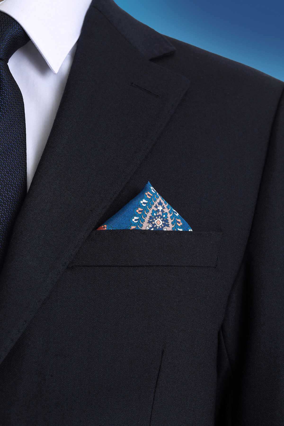 Lacivert Desenli Klasik Saten Cep Mendili - 2