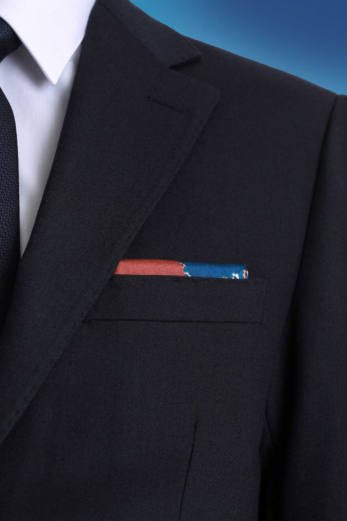 Lacivert Desenli Klasik Saten Cep Mendili - 3