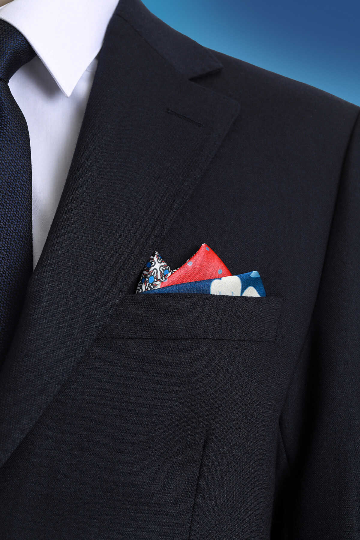 Lacivert Desenli Klasik Saten Cep Mendili - 1