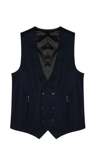 Lacivert Desenli Kruvaze Yünlü Yelek - 1