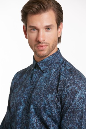 Lacivert Comfort Fit Uzun Kol %100Pamuk Baskılı Casual Gömlek - 3