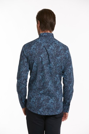 Lacivert Comfort Fit Uzun Kol %100Pamuk Baskılı Casual Gömlek - 4