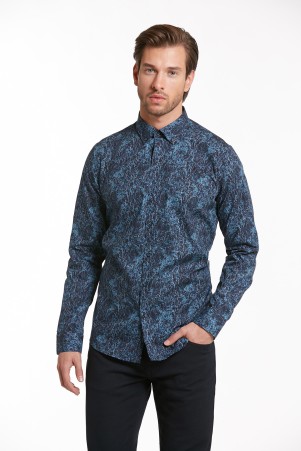 Lacivert Comfort Fit Uzun Kol %100Pamuk Baskılı Casual Gömlek - 5