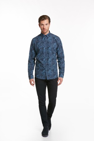 Lacivert Comfort Fit Uzun Kol %100Pamuk Baskılı Casual Gömlek - 6