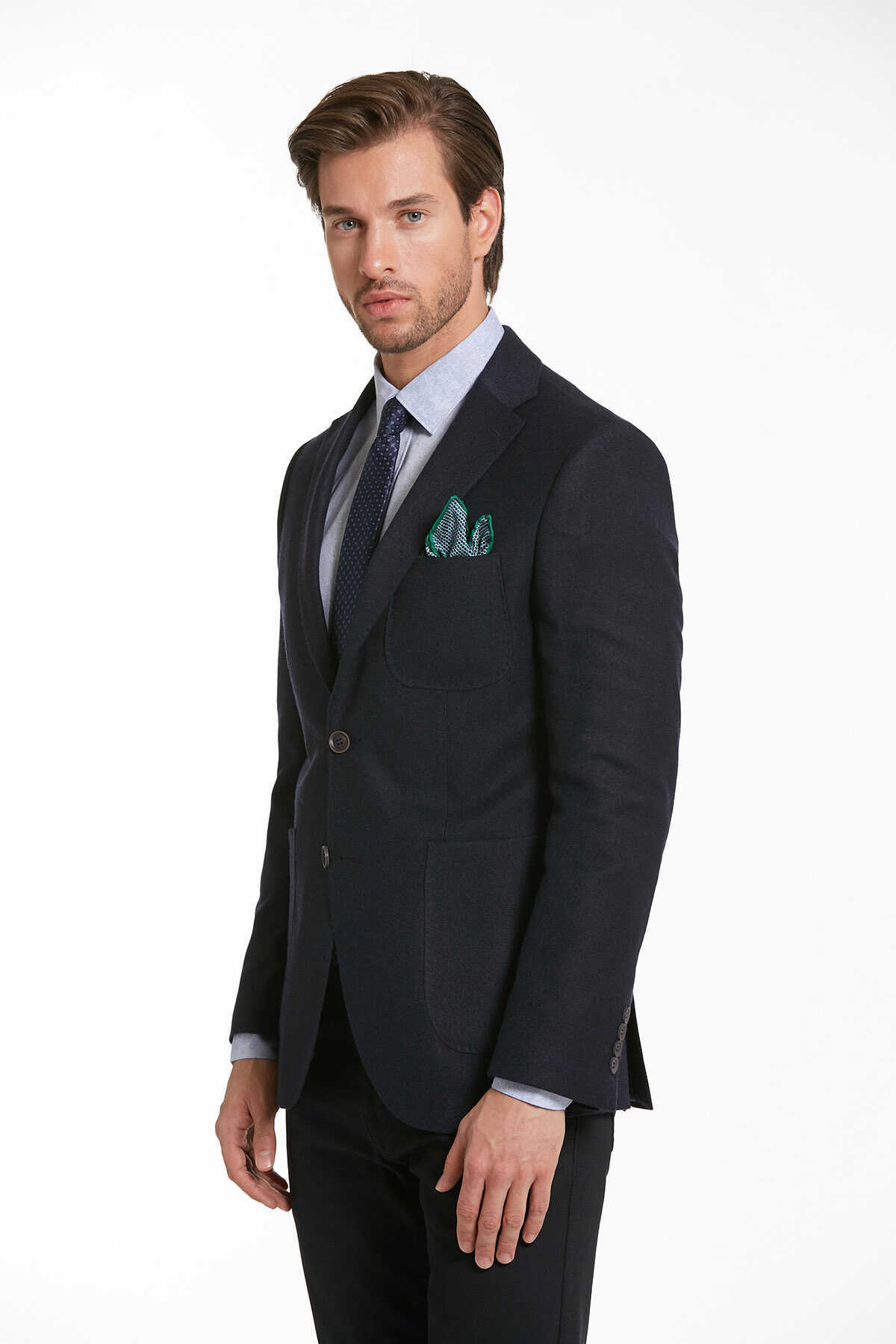 Lacivert Slim Fit Desenli Mono Yaka Casual Yünlü Ceket - 3