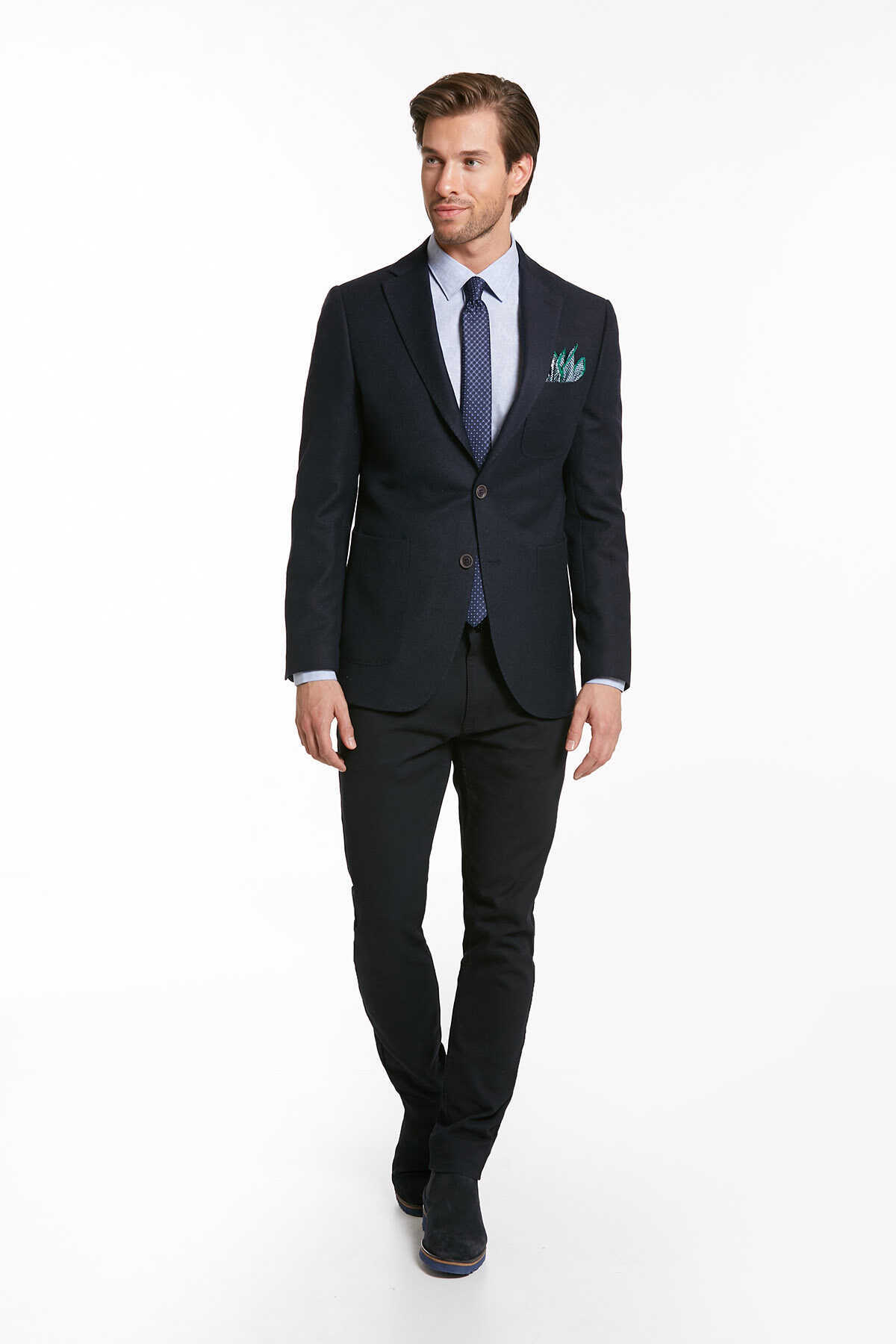 Lacivert Slim Fit Desenli Mono Yaka Casual Yünlü Ceket - 5