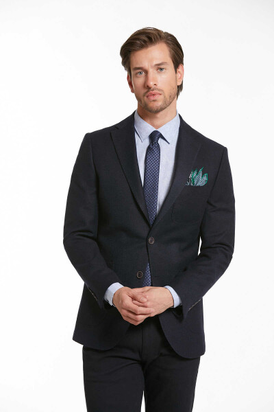 Lacivert Slim Fit Desenli Mono Yaka Casual Yünlü Ceket - 2