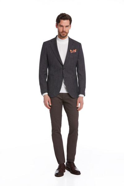 Lacivert Slim Fit Desenli Mono Yaka Klasik Ceket - 5