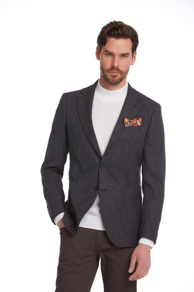 Lacivert Slim Fit Desenli Mono Yaka Klasik Ceket - 2