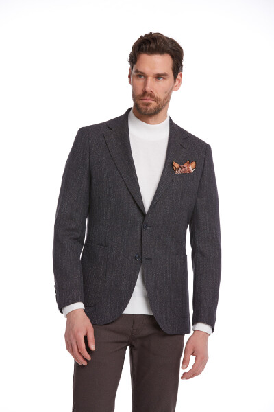 Lacivert Slim Fit Desenli Mono Yaka Klasik Ceket - 4