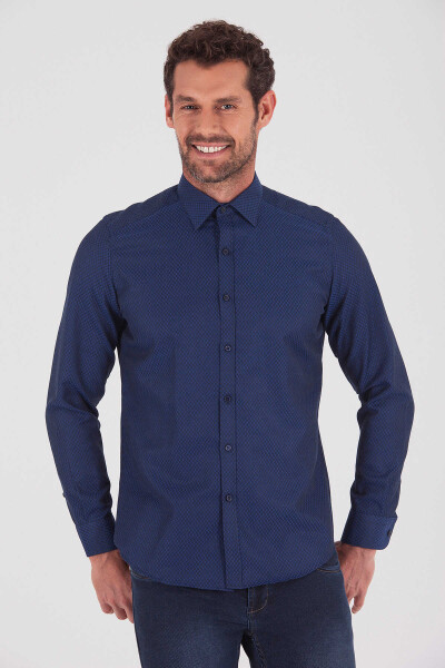 Lacivert Desenli Slim Fit Gömlek - 1