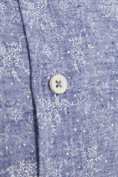 Lacivert Slim Fit Baskılı Düğmeli Yaka Uzun Kollu Casual Keten Gömlek - 3