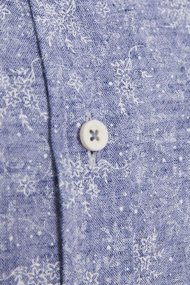 Lacivert Slim Fit Baskılı Düğmeli Yaka Uzun Kollu Casual Keten Gömlek - Hatemoğlu (1)