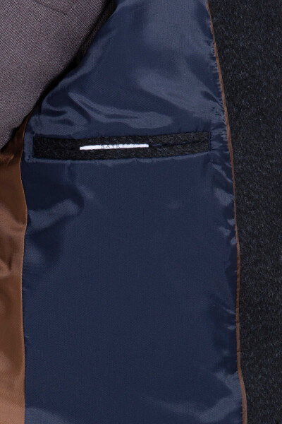 Lacivert Desenli Yünlü Palto - 5