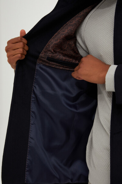 Lacivert Dik Yaka Yünlü Palto - 5