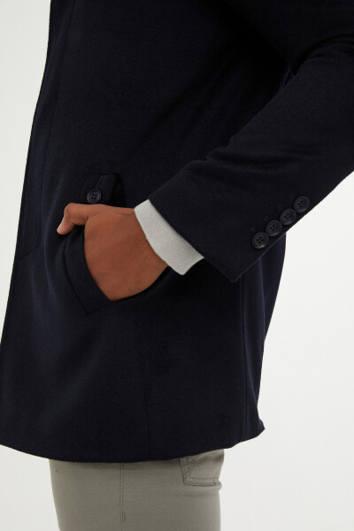 Lacivert Dik Yaka Yünlü Palto - 6