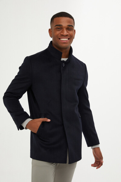 Lacivert Dik Yaka Yünlü Palto - 1