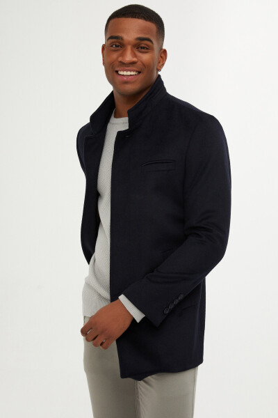 Lacivert Dik Yaka Yünlü Palto - 2