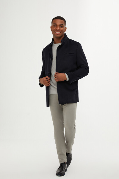 Lacivert Dik Yaka Yünlü Palto - 3