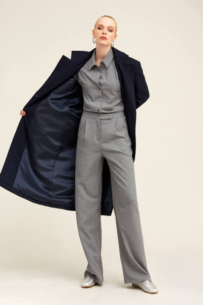 Saykı Woman Lacivert Dinamik Fit Ceket Yaka Kaşe Manto - 9