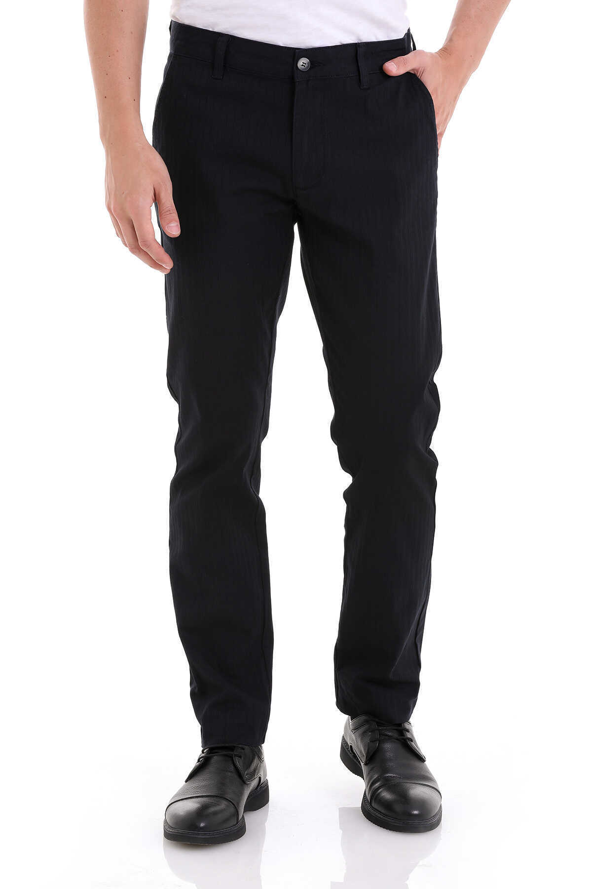 Lacivert Dinamik Fit Desenli Pamuklu Yandan Cep Kanvas Pantolon - 1