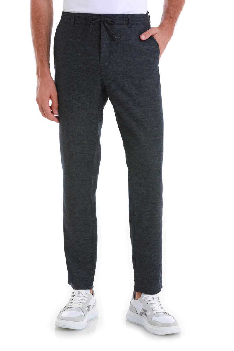 Lacivert Dinamik Fit Düz Yandan Cepli Keten Jogger Pantolon - Hatem Saykı