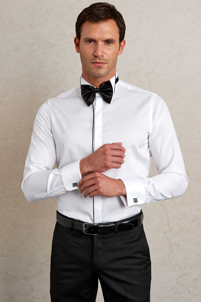 Lacivert Comfort Fit 100% Pamuk Ata Yaka Manşetli Uzun Kol Saten Damatlık Gömlek - Hatem Saykı