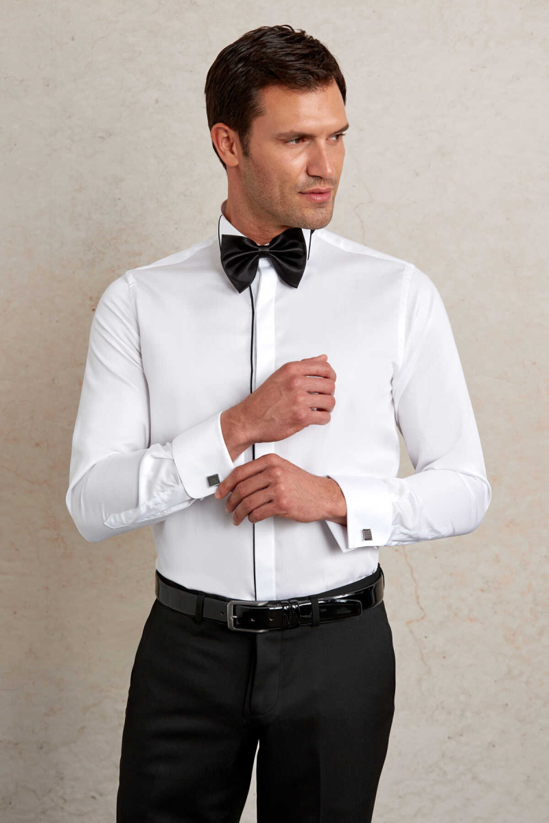 Lacivert Comfort Fit 100% Pamuk Ata Yaka Manşetli Uzun Kol Saten Damatlık Gömlek - Hatem Saykı (1)