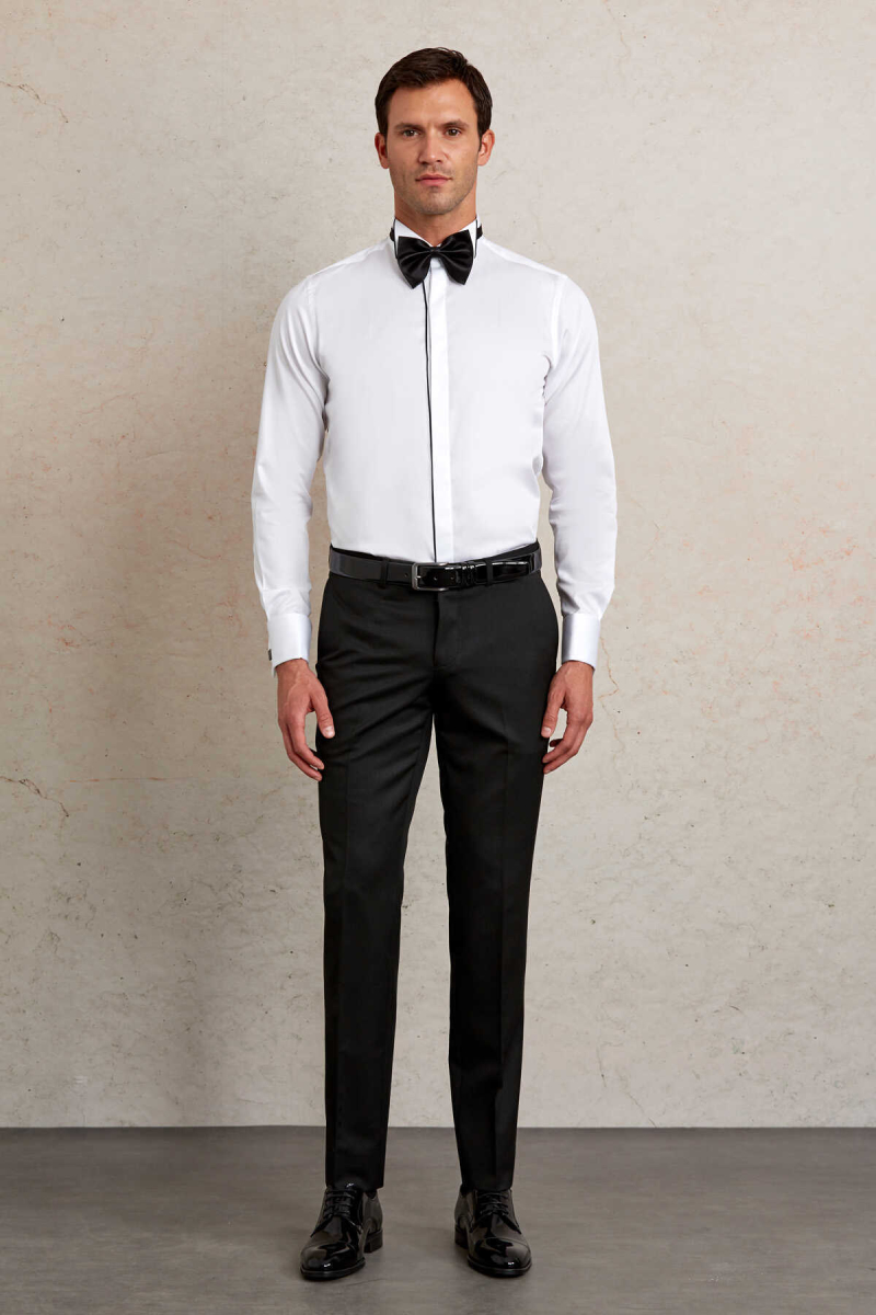 Lacivert Comfort Fit 100% Pamuk Ata Yaka Manşetli Uzun Kol Saten Damatlık Gömlek - Hatem Saykı (1)