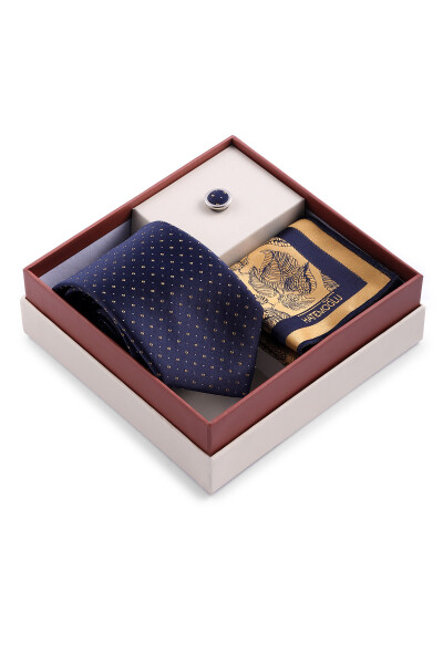 Lacivert Üçlü Yaka Rozeti Kravat Mendil Set - 2