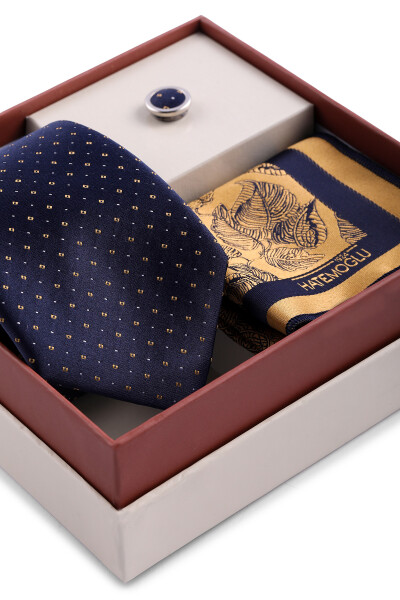 Lacivert Üçlü Yaka Rozeti Kravat Mendil Set - 3
