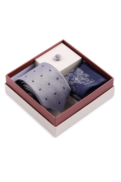 Lacivert Üçlü Yaka Rozeti Kravat Mendil Set - 2