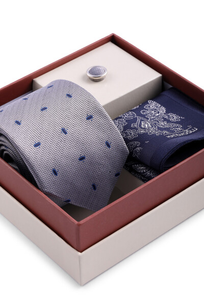 Lacivert Üçlü Yaka Rozeti Kravat Mendil Set - 3