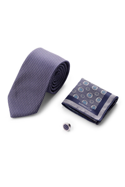Lacivert Üçlü Yaka Rozeti Kravat Mendil Set - 4