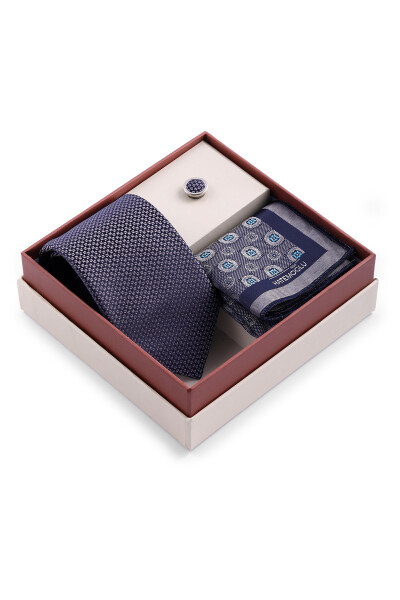 Lacivert Üçlü Yaka Rozeti Kravat Mendil Set - 5
