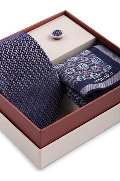 Lacivert Üçlü Yaka Rozeti Kravat Mendil Set - 6