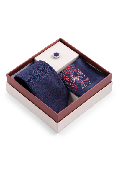 Lacivert Üçlü Yaka Rozeti Kravat Mendil Set - 2