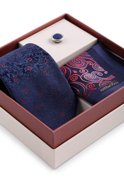 Lacivert Üçlü Yaka Rozeti Kravat Mendil Set - 3