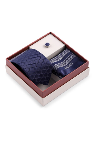 Lacivert Üçlü Yaka Rozeti Kravat Mendil Set - 2