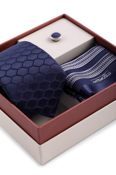 Lacivert Üçlü Yaka Rozeti Kravat Mendil Set - 3