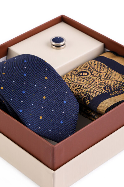 Lacivert Üçlü Yaka Rozeti Kravat Mendil Set - 5